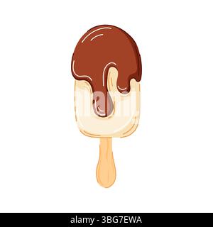 Glattes Vanilleeis mit dunkler Schokolade schmilzt im Cartoon-Stil isoliert auf weißem Hintergrund. Perfekt für Sommerpakete, Café-Logo Stock Vektor