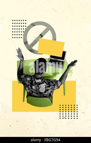 Vertikale Kunst kreative Zine Fotocollage des verwirrten Geschäftsmannes Sehen Sie sich zurück Restriktionssymbol Laptop Cyberangriff Druck Hacking Stockfoto