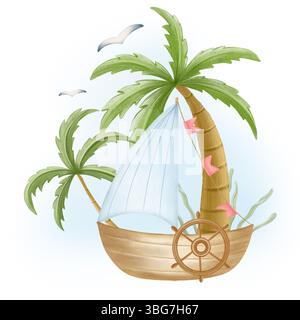 Segelboot, Palmen und Möwen. Der Stil ist weich, Aquarell und skurril. Geeignet für Reise-, Sport- und Tourismusmotive Stockfoto