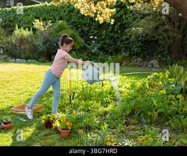 Weibliches Kind gießt Wasser aus hellgrauer Plastikgießkanne auf Blumenbeet im Garten im Garten Stockfoto
