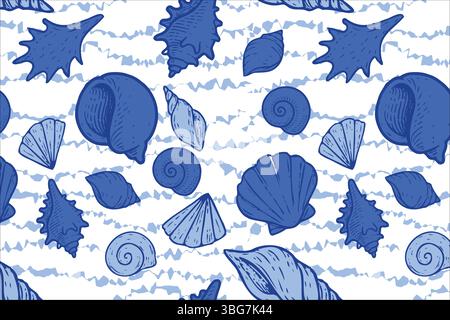 Nahtloses Marinemuster mit handgezeichneten Muscheln in verschiedenen Blautönen auf einem welligen gestreiften Hintergrund. Nautisch, frisch und ideal für Sommerthemen Stock Vektor