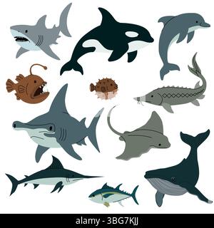 Flache Vektor-Illustration von verschiedenen Meerestieren einschließlich Haie, Delfine, Wale, Stachelrochen, Schwertfisch, Pufferfisch und Seeteufel auf weiß Stock Vektor