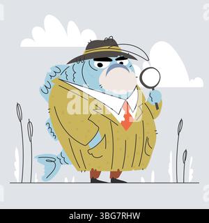 Eine skurrile Illustration zeigt einen Fisch, der als Detektiv gekleidet ist, komplett mit Hut, Mantel und Lupe. Wolken und Schilfe verstärken das verspielte A Stock Vektor