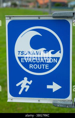 Tsunami-Evakuierungsroute Schild Neuseeland Stockfoto