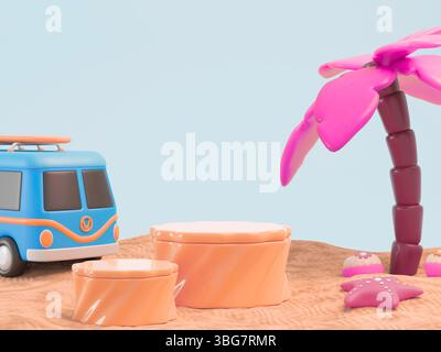 3D Summer Beach Produktpräsentation mit Retro Van und Palme Stockfoto