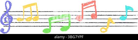 Vektor von Musiknoten in Holzkohle-Scribble-Textur. Handgeschriebener Pop-Stil auf weißem Hintergrund mit leuchtenden Farben. Niedliche kindliche Musikschule oder Stock Vektor