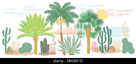 Palm Springs, Kalifornien, Wüstenlandschaft. Elemente von Designs Palme, Kakteen, Kakteen, Sonne, Berge, und die Wüstenlandschaft von Palm Springs Stock Vektor