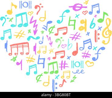 Herzform voller musikalischer Symbole. Niedliche Unterstreichungssymbole mit Holzkohlestempel und Kindergartenfarbe. Farbenfrohe Musiknote, Blitz und Stock Vektor