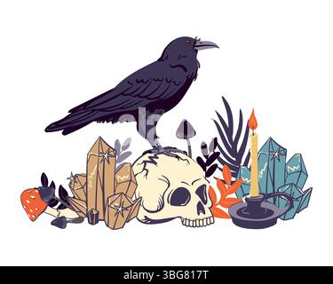 Schwarzer Rabe, der auf einem menschlichen Schädel steht. Vektor-Illustration für Halloween. Hexen vertrautes, magisches Totemtier, Führer für das Jenseits. Symbol des Todes, der Hexerei, der Mystik und der Alchemie. Magisches Element Stock Vektor