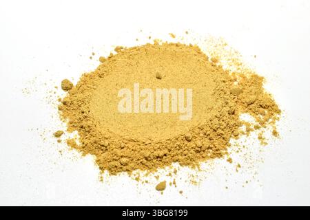 Trockener, gemahlener Gewürzsenf liegt auf weißem Hintergrund. Stockfoto