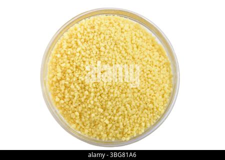 Couscous Grütze in Glasschale isoliert auf weißem Hintergrund. Stockfoto
