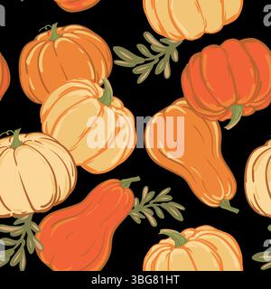 Vektormuster mit orangefarbenen und gelben Kürbissen in flacher Art auf schwarzem Hintergrund. Nahtloser Herbst-Hintergrund für Textilien. Illustration für saisonale Herbstferien, Halloween, Thanksgiving, Ernte. Stock Vektor
