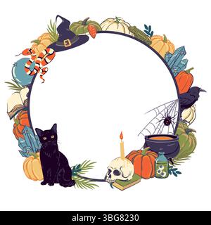Rahmen mit magischen Gegenständen, Halloween Dekoration. Runde Vorlage mit Hexerei- und Hexerei-Gegenständen, Kessel, Grimoire, Trank, Elixier, Schädel, Zauberkugel, Katze, Schlange, Eule, Kröte, Spinne. Vektor. Stock Vektor