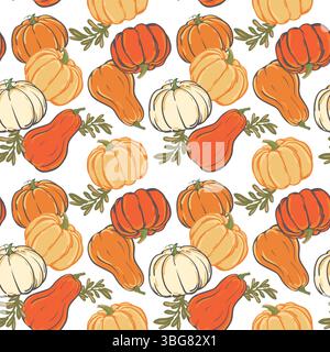 Nahtloses Herbstmuster für Textilien. Vektororange und gelbe Kürbisse in flacher Form. Illustration für saisonale Herbstferien, halloween, Thanksgiving, Ernte. Stock Vektor