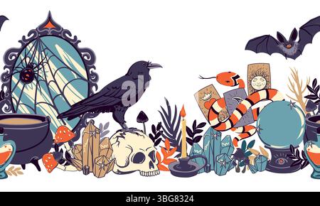 Nahtloses horizontales Muster mit Hexenobjekten. Konzept Hexerei, astrologisch, esoterisch. Vektorrand mit Spiegel, Kessel, Schädel, Trank, Raben, Schlange, Kristall, Glücksbringer. Stock Vektor