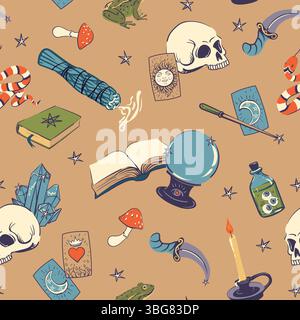 Nahtloses Vektormuster für Halloween. Hexerei, Wahrsagerei und Okkultismus. Kristallkugel, Schädel, Ritualmesser, Zauberstab, Tarotkarten, Schlange und Grimoire mit Zaubersprüchen. Stock Vektor
