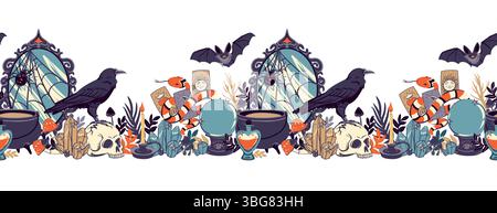 Nahtloses horizontales Muster mit okkulten Objekten. Hexerei, astrologische, esoterische, magische Symbole. Vektorrand mit Spiegel, Kessel, Schädel, Trank, Raben, Schlange, Kristall, Glücksbringer. Stock Vektor