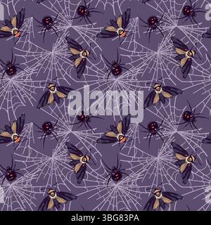 Nahtloses Vektor-Muster mit schwarzer Spinne und Schmetterling in flacher Form. Witwe Latrodectus occidentalis und Totenkopfmotte hängen im Netz. Halloween Hintergrund Design. Stock Vektor