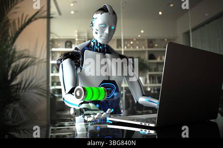 Futuristischer Roboter, der Akku hält, während er an Laptop in Offi 3D-Illustration arbeitet - fortgeschrittener humanoider Roboter, der grüne Akku neben Laptop im Modus hält Stockfoto
