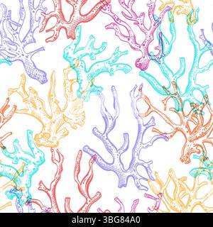 Mehrfarbige handgezeichnete Korallen auf weißem Hintergrund. Nahtloses Muster am Sommerstrand. Vektorskizze Illustration des Meeresriffs. Tropische Mode Textil prin Stock Vektor
