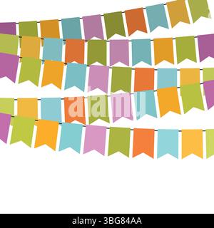 Farbenfrohe Fahnen und bunte Girlanden zur Dekoration. Dekoelemente mit verschiedenen Mustern. Vektorabbildung Stock Vektor