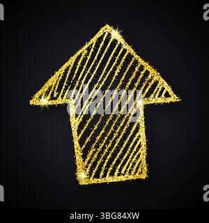 Goldener, von Hand gezeichneter Pfeil mit Glitzer. Kritzelpfeil mit goldenem Glitzereffekt auf dunklem Hintergrund. Vektorabbildung Stock Vektor