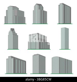 Neun moderne Hochhäuser auf weißem Hintergrund. Blick auf das Gebäude von unten. Abbildung des isometrischen Vektors. Stock Vektor