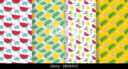 Set aus leuchtenden, nahtlosen Mustern für den Sommer. Obst, Cocktails mit Palmblättern. YARN Urlaub und Rest Druck, Vektorgrafiken Stock Vektor