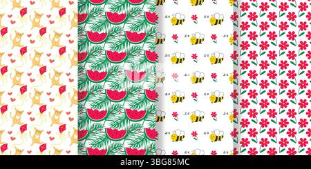 Blumen, Wassermelone, Bienen und Katzen, Set nahtloser Muster. Sommerferien im Hintergrund. Bunte Drucke für Textilien, Kleidung, Verpackung, Design. Ve Stock Vektor