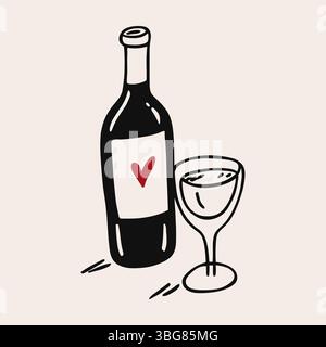 Weinflasche und Glas Ikone, naive Stylenkunst. Trendige Minimal Hand gezeichnete Vektor-Illustration Stock Vektor