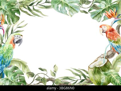 Tropischer Rahmen mit Monstera, Palme, Bananenblättern, Streptizienblüten und Aras. Handgezeichnete Aquarellillustration isoliert. Für Postkarten, Einladungen Stockfoto