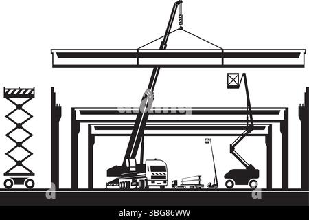 Kranwagen und Hubmaschinen auf der Baustelle – Vektorillustration Stock Vektor