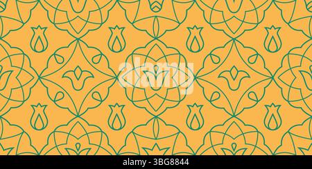 Orientalische Linie mit Blumenmotiv und gelbem nahtlosen Muster. Retro ethnischer Blumenvektor Hintergrund. Stock Vektor