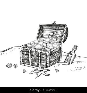 Handgezeichnete Vektor strukturierte hölzerne Schatzkiste mit Münzen, Gold, Juwelen am Meeresgrund, Piratenbeute, Flasche mit Buchstaben, Seesterne, schwarzer Witz Stock Vektor