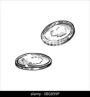 Vektor zwei Münzen, handgezeichneter Satz von Gold Metall Geld, monochrome Illustration von Bargeld, Skizze des Reichtums, Schatzgrube für Geschäft und Finanzen Dekor Stock Vektor