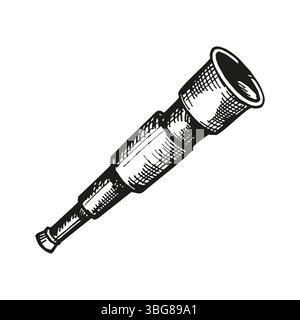 Vektor-Vintage-Spionaglas, handgezeichnetes Ink-nautisches Teleskop, Instrument für die Suche nach der Entfernung, monochrome Skizze des Kapitäns und Seemanns optisches Werkzeug, Stock Vektor