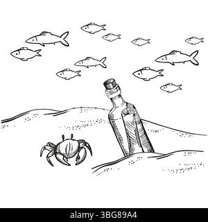 Handgezeichneter Vektor-Sandboden mit Meerestieren, Krabben, verschiedenen tropischen Fischen, Flasche mit Buchstaben, die aus Sand ragt, Schiffswrack, Abenteuer, Piratenstraße Stock Vektor