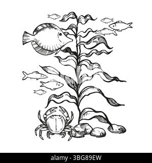 Vektor-Illustration des Meeresbodens, Bewohner der Tiefen, handgezeichnete Unterwasseralgen, Pflanzenzweige am Meeresboden, Ozean, monochromes Schwarz Stock Vektor