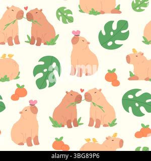 Comic Capybara nahtloses Muster. Dekorative Vorlage mit lustigen Tieren, kindlichen Maskottchen. Stofftapete, die Druck einpackt, rassiges Vektordesign Stock Vektor