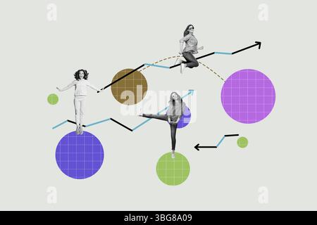 Collage einer glücklichen Person, die das Erreichen von Münzen Einkommen Finanzdiagramm Pfeile feiert, die Geldwachstum Geschäftserfolg symbolisieren Stockfoto