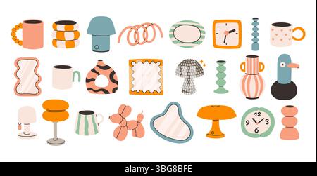 Dopamin-Dekor. Ein farbenfrohes Set aus lustigen und modernen Wohnaccessoires Tassen, Vasen, Spiegeln, Lampen, Uhren, und verspielte Formen. Der Stil ist weich, rund und Stock Vektor