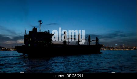 Ein Frachtschiff fährt den Bosporus hinauf, Istanbul, Türkei Stockfoto