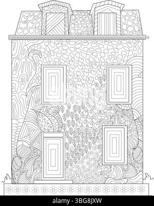 Schwarz-weiße Strichgrafik-Illustration eines stilisierten französischen Hauses mit komplizierten Mustern, perfekt zum Ausmalen von Büchern, Designelementen oder abstrakter Kunst Stock Vektor