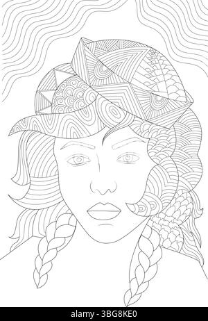 Schwarz-weiße Strichgrafik-Illustration eines Frauengesichts mit komplexen und detaillierten Frisuren, darunter geflochtene Zöpfe und einen dekorativen Hut oder Stock Vektor