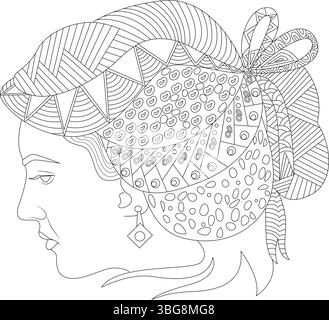 Detaillierte schwarz-weiße Strichgrafik-Illustration des Kopfes einer Frau im Profil mit einer komplexen, abstrakten Frisur. Das Haar weist komplizierte Muster A auf Stock Vektor