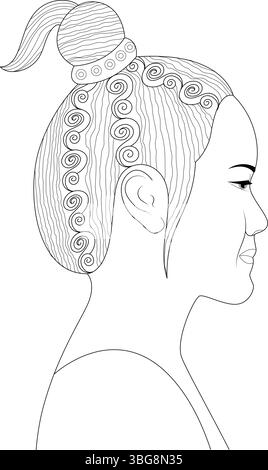 Schwarz-weiße Strichzeichnung Illustration eines Frauenkopfes in Profilansicht, mit einzigartiger und dekorativer Frisur mit Wirbeln und Textur. Idee Stock Vektor
