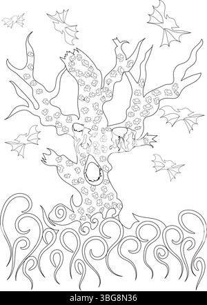 Schwarz-weiße Strichgrafik-Illustration eines gruseligen, knorrigen Halloween-Baumes mit abstrakten Mustern, wirbelnden Bodenelementen und fliegenden Kreaturen, die Stock Vektor