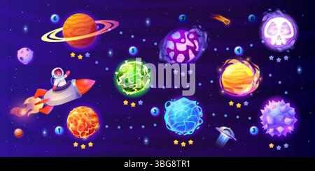 Space Game Map. Raumschiff Route durch außerirdische Planeten Fantasy Gaming ui Level, Fantasy Galaxie Universum Stern Himmel Raketenpfad Straße Kosmos Entdeckung Cartoon Swanky Vektor Illustration Original Artwork Stock Vektor
