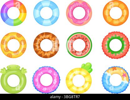 Baderinge in Zeichentrickfilmen von oben. Aufblasbarer Ring Schwimmer im Pool Meer Strand, Gummiboje Gummikreis Sommer Wasser Lebensretter Rettungsring Rohr Frucht Design Set, saubere Vektor Illustration Original Kunstwerk Stock Vektor