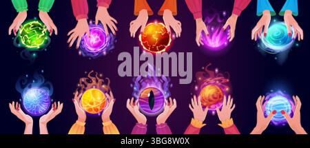 Zauberkugeln in den Händen. Wahrsagerin sagt die Zukunft voraus oder sagt das Schicksal voraus, Zigeuner Hexenhand mit Kristallkugel orakel Seher Wahrsagung erzählt Schicksal Sphäre, schicke Vektor Illustration Original Artwork Stock Vektor